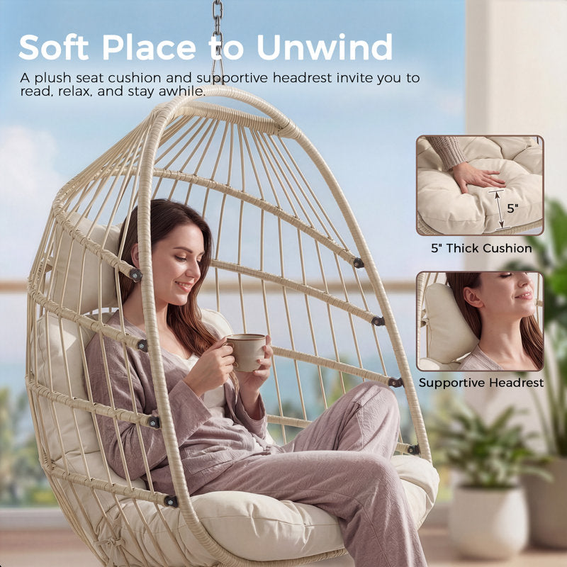 Foldable Wicker Hanging Egg Chair - Indoor/Outdoor Porch Swing