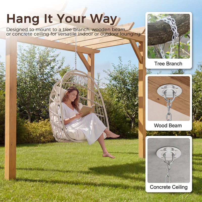 Foldable Wicker Hanging Egg Chair - Indoor/Outdoor Porch Swing