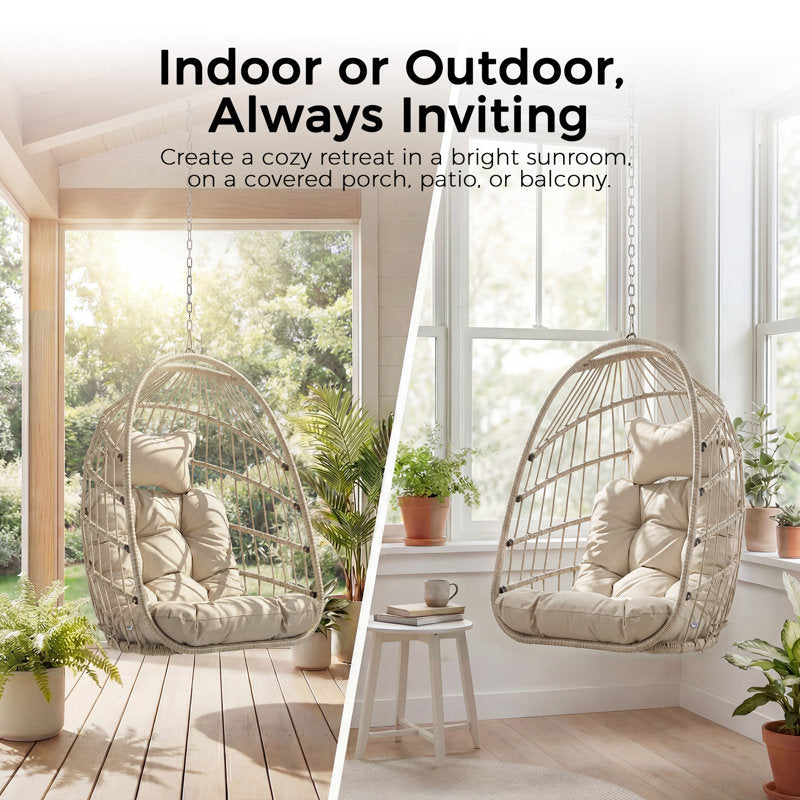 Foldable Wicker Hanging Egg Chair - Indoor/Outdoor Porch Swing