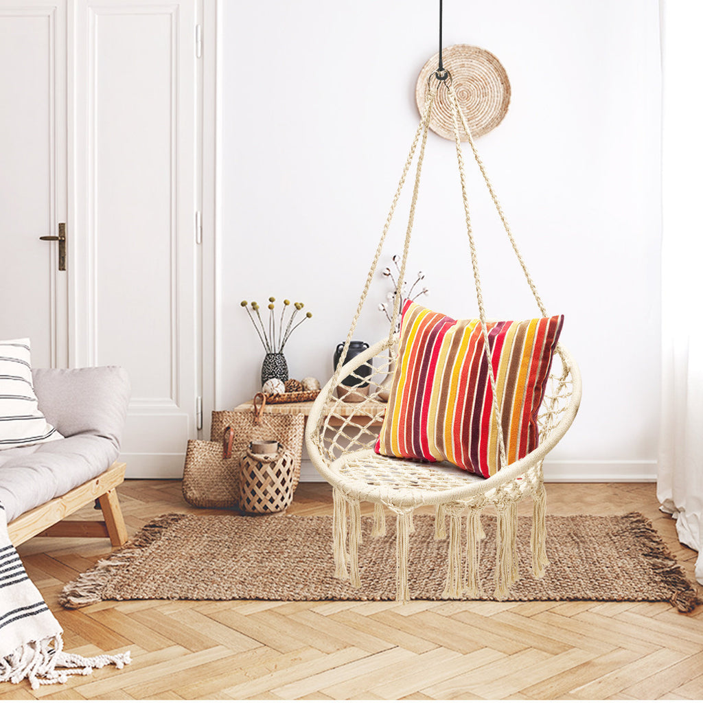 Macrame Porch Swing - Woven Cotton Rope Hanging Chair