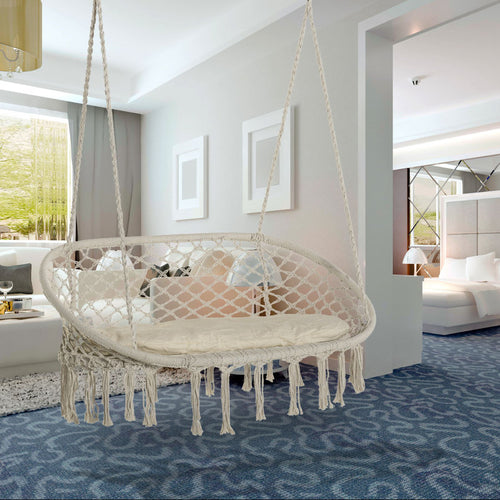 2-Person Macrame Hammock Chair - Cotton Rope Swing for Indoor & Outdoor