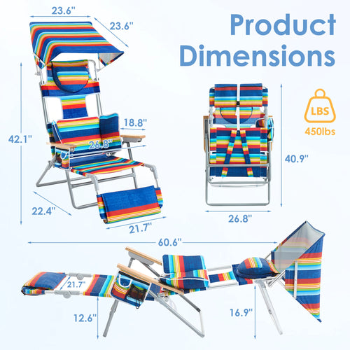 Backpack Beach Tanning Chair - Folding Lounge with Face Hole & Canopy