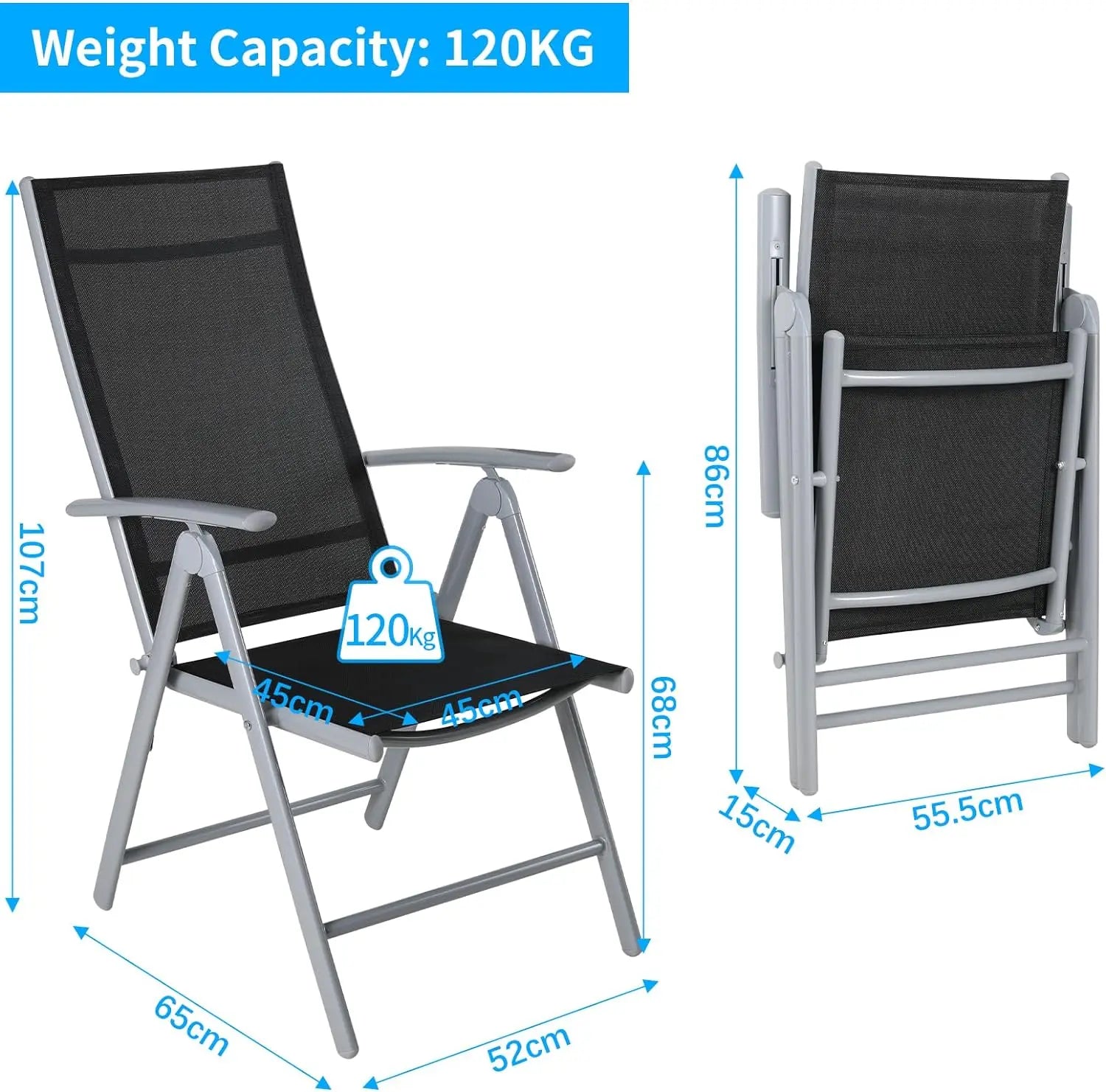 2-Pack Aluminum Folding Patio Chairs - Adjustable High Back Lawn Set